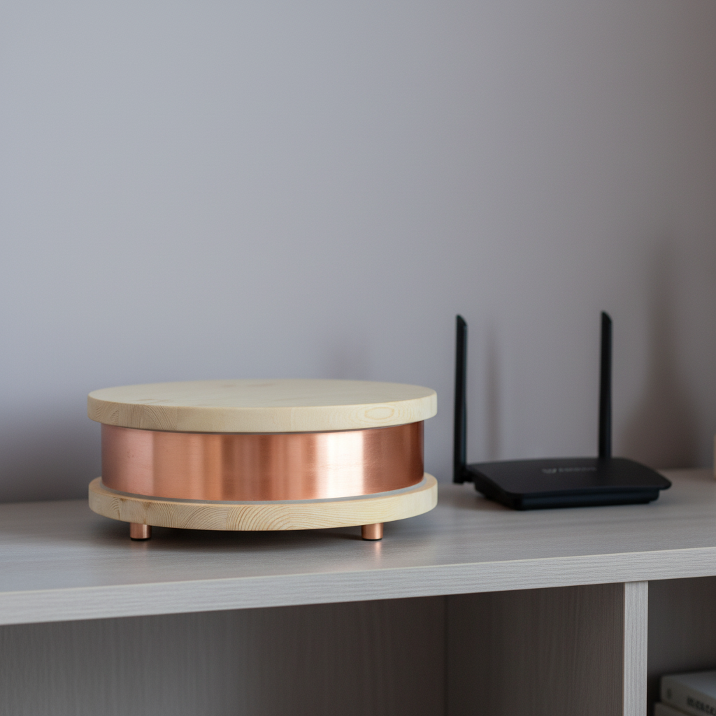 A Qi-Home Cell EMF protection device with copper body and light wood top and base placed on a shelf beside a wireless router in a clean modern interior setting with soft natural light. — for Carpe Diem Dream