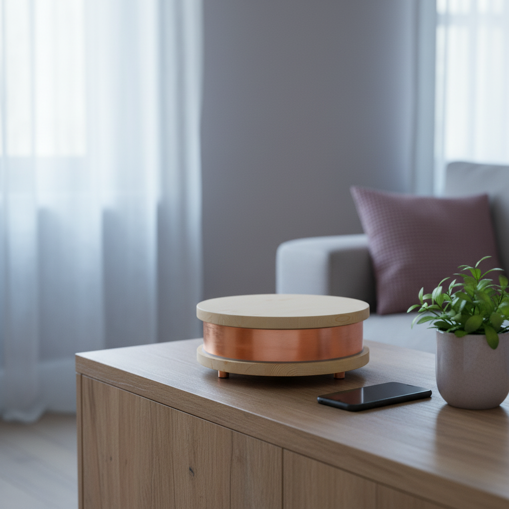 A Qi-Home Cell EMF protection device placed on a wooden cabinet beside a smartphone and plant in a calm modern living room setting with soft natural light. — for Carpe Diem Dream