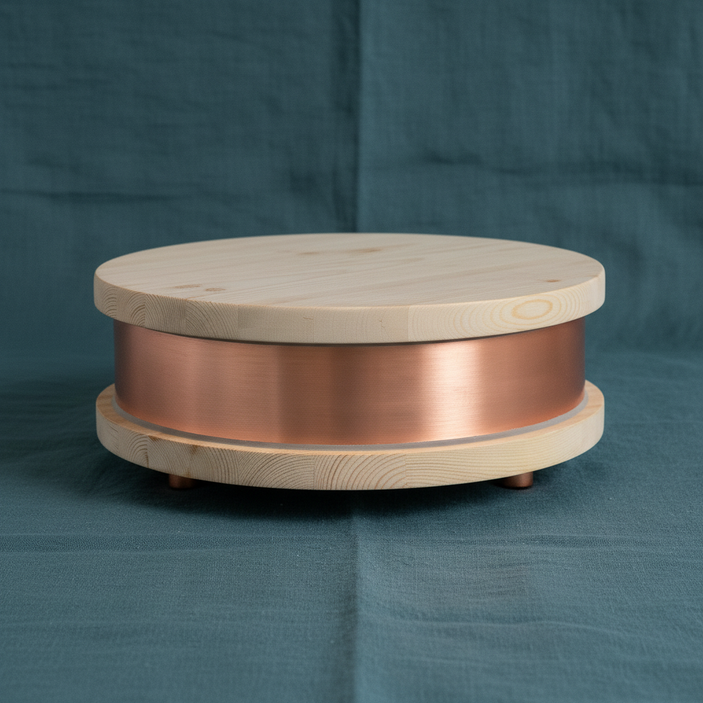 A round copper Qi-Home Cell with light wood top and base displayed on a muted teal linen background with soft natural lighting. — for Carpe Diem Dream