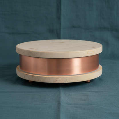 A round copper Qi-Home Cell with light wood top and base displayed on a muted teal linen background with soft natural lighting. — for Carpe Diem Dream