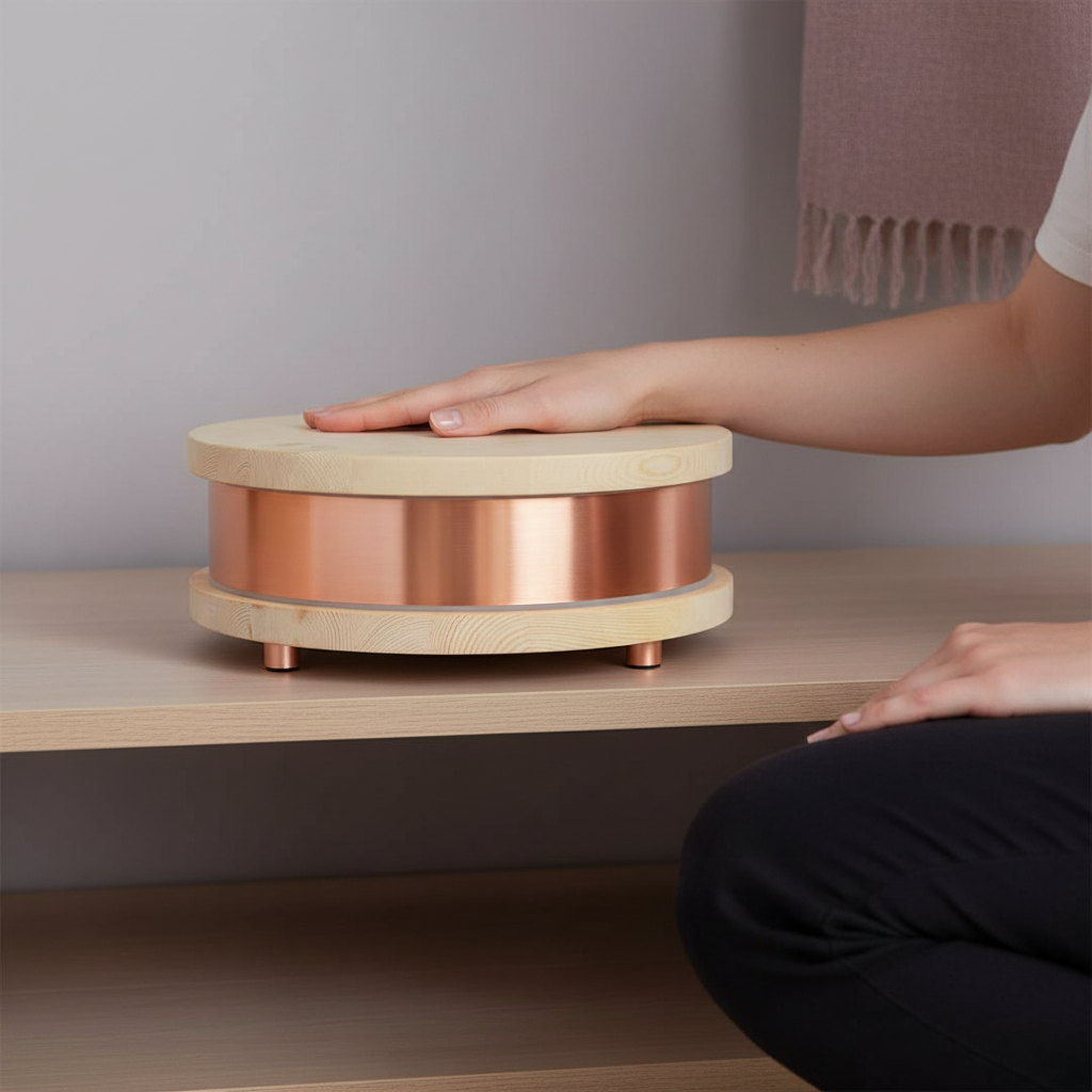 A Qi-Home Cell EMF protection device with copper body and light wood top and base shown with a hand resting on top to demonstrate size and scale in a calm interior setting. — for Carpe Diem Dream