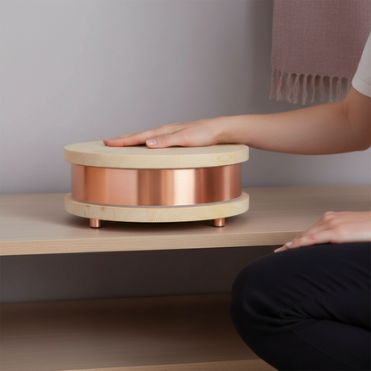 A Qi-Home Cell EMF protection device with copper body and light wood top and base shown with a hand resting on top to demonstrate size and scale in a calm interior setting. — for Carpe Diem Dream