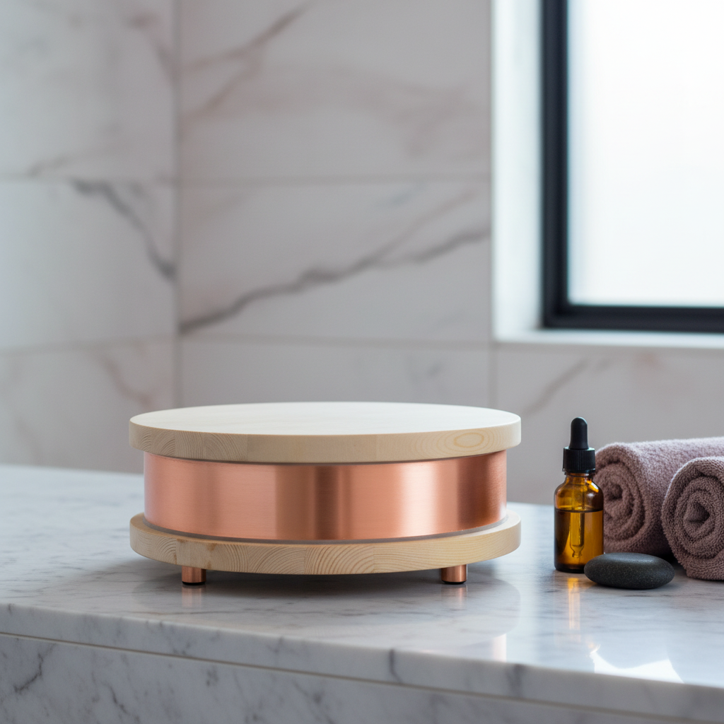 A Qi-Home Cell EMF protection device with copper body and light wood top and base displayed on a marble surface beside rolled towels and an amber glass bottle in a calm spa-inspired setting. — for Carpe Diem Dream