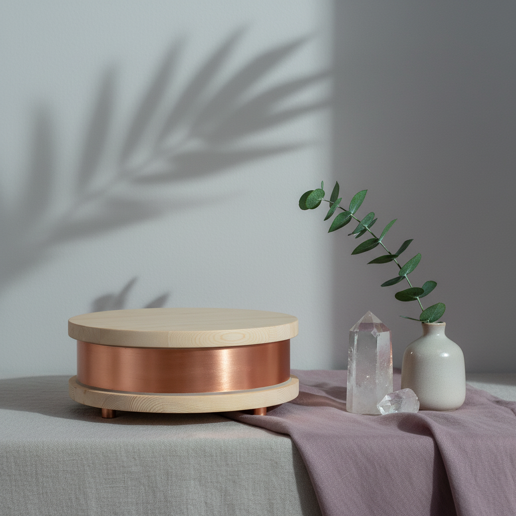 A round copper Qi-Home Cell with light wood top and base styled on a linen-covered surface with a small vase, greenery, and crystal under soft natural lighting. — for Carpe Diem Dream