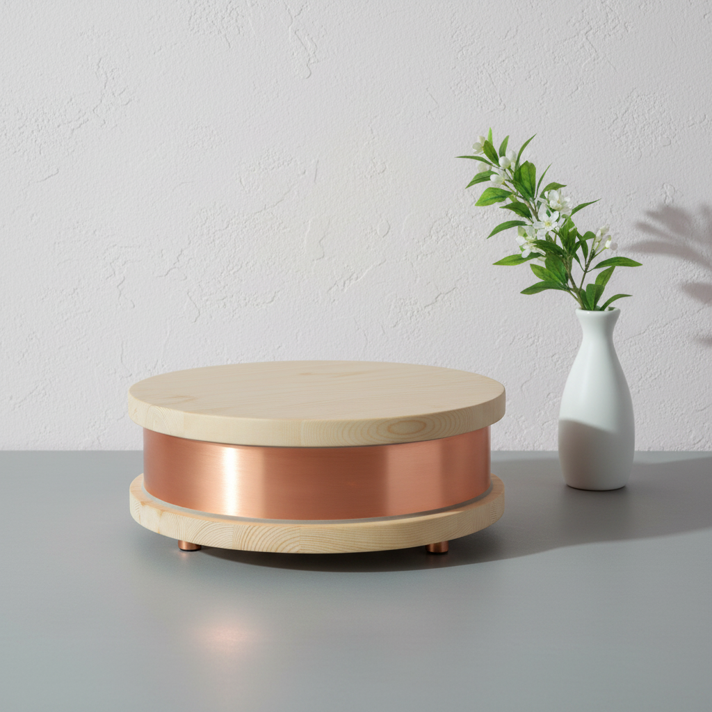 A Qi-Home Cell EMF protection device with copper body and light wood top and base displayed on a clean neutral surface with a small vase and soft natural lighting. — for Carpe Diem Dream