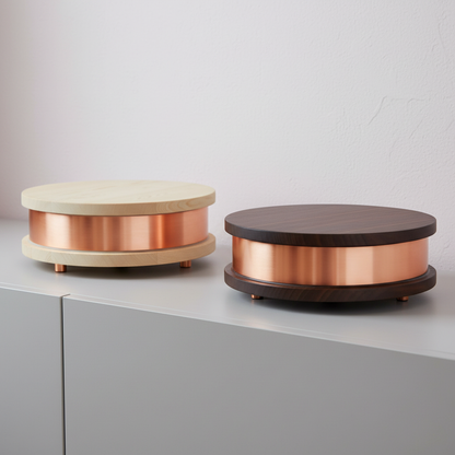 Two Qi-Home Cell EMF protection devices shown side by side in light wood and dark wood finishes on a clean neutral surface with soft natural lighting. — for Carpe Diem Dream