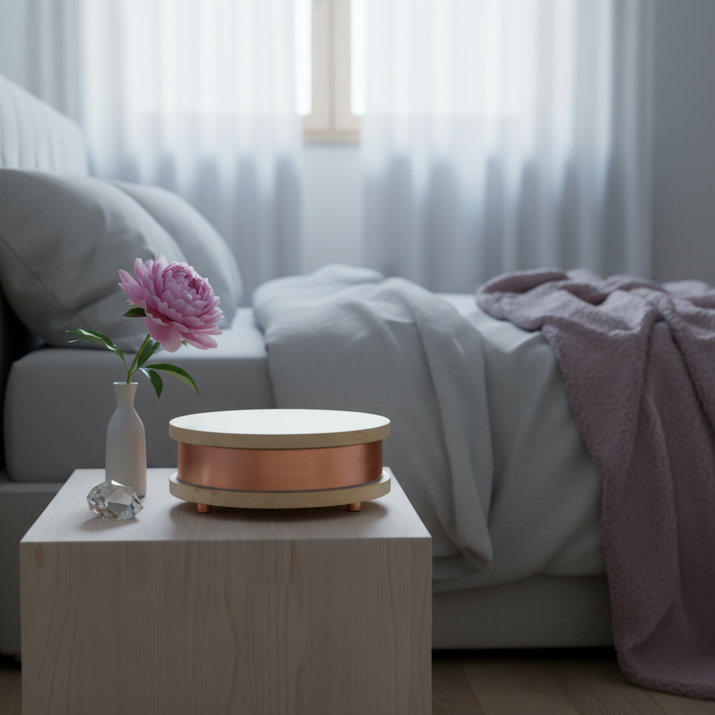 A Qi-Home Cell EMF protection device with copper body and light wood top and base displayed on a bedside table with a flower and crystal in a soft, serene bedroom setting with diffused natural light. — for Carpe Diem Dream