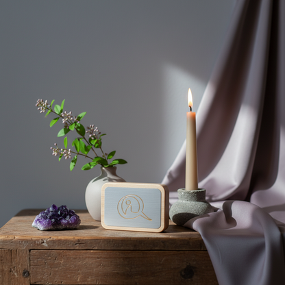 A Qi-Me EMF protection device displayed on a wooden surface with a candle, floral arrangement, crystal, and draped fabric in a softly lit ambient setting. — for Carpe Diem Dream