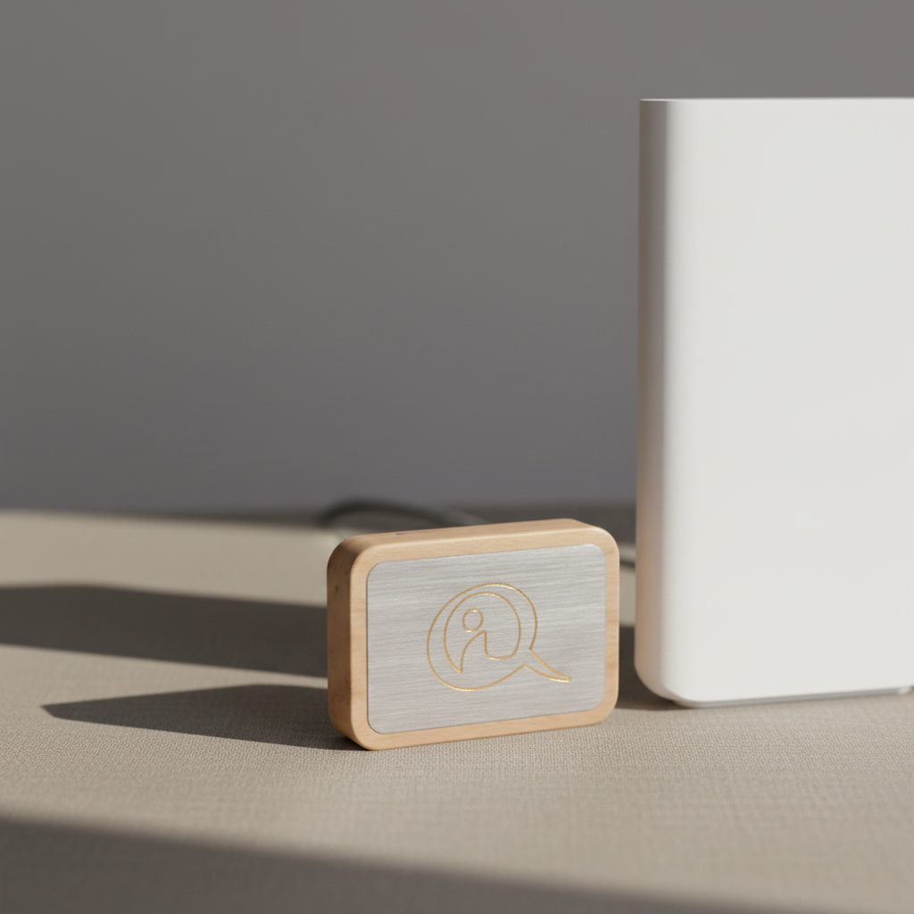A Qi-Me EMF protection device with a brushed metal face and wood frame placed beside a modern electronic device on a neutral surface with soft directional lighting. — for Carpe Diem Dream