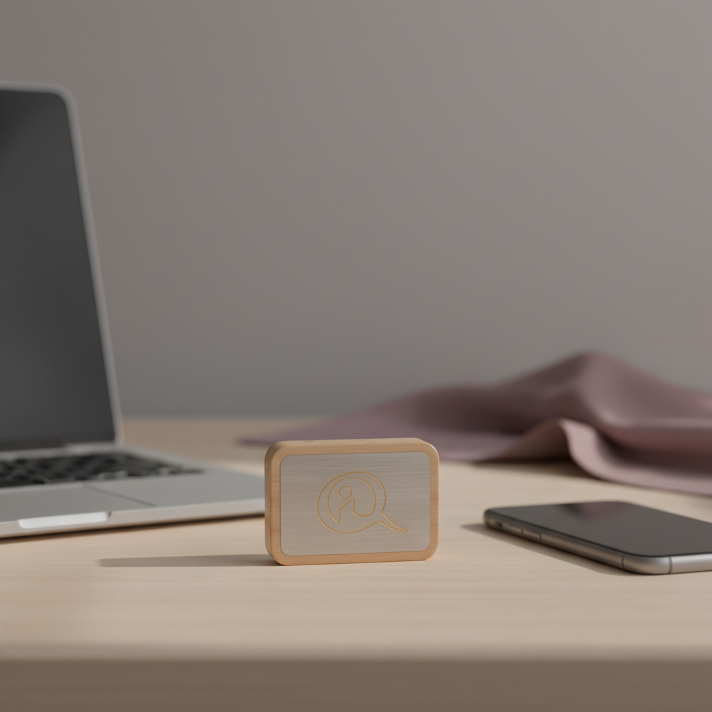 A Qi-Me EMF protection device with a brushed metal face and wood frame placed on a wooden desk beside a laptop and smartphone in a calm modern workspace. — for Carpe Diem Dream