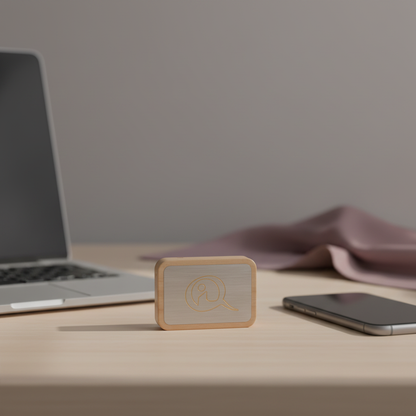 A Qi-Me EMF protection device with a brushed metal face and wood frame placed on a wooden desk beside a laptop and smartphone in a calm modern workspace. — for Carpe Diem Dream