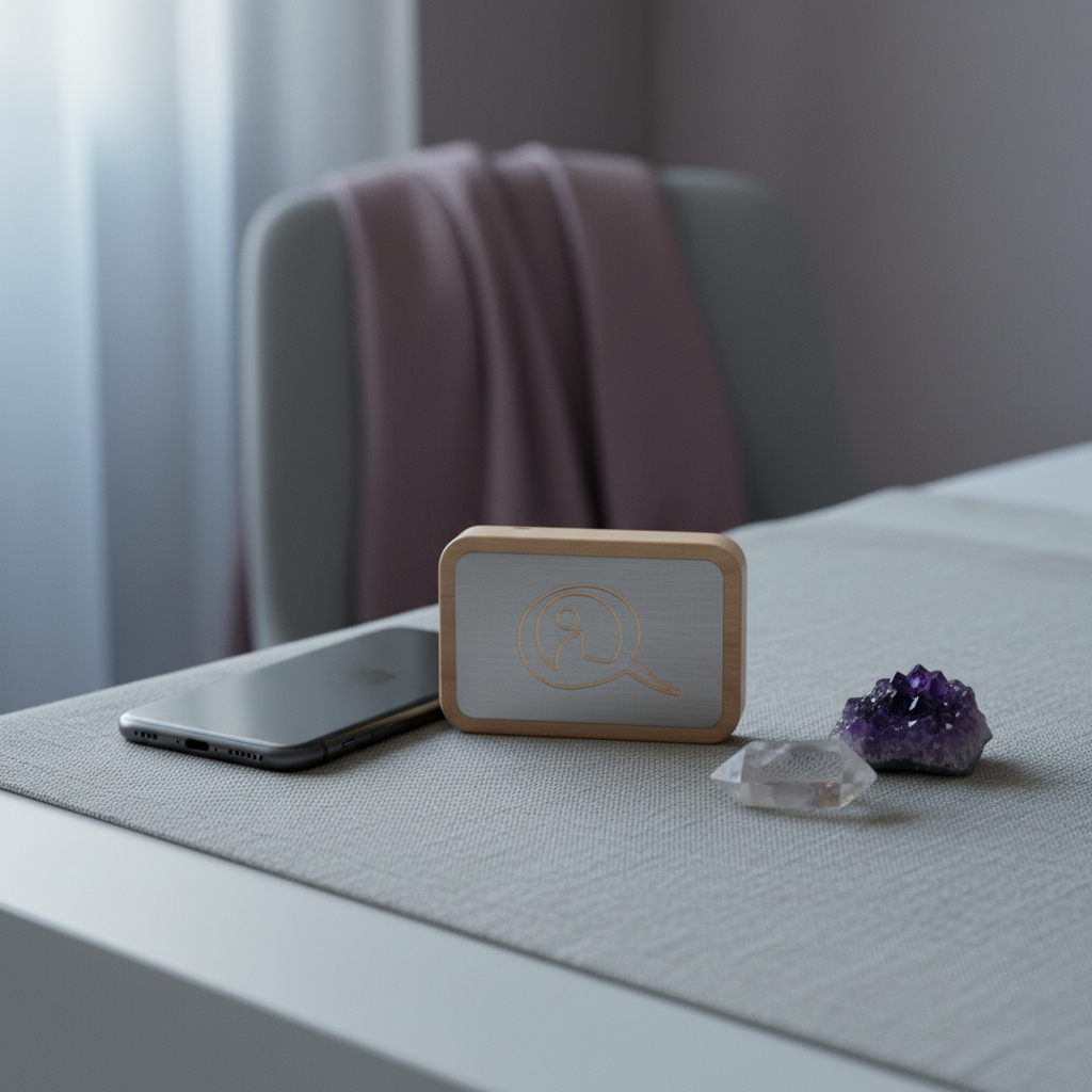 A Qi-Me EMF protection device placed on a bedside surface next to a smartphone and crystal in a calm, softly lit environment. — for Carpe Diem Dream