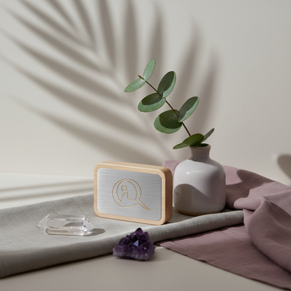 A Qi-Me EMF protection device with a brushed metal face and wood frame styled on layered neutral and mauve fabric with a small vase, greenery, and crystals casting soft botanical shadows. — for Carpe Diem Dream
