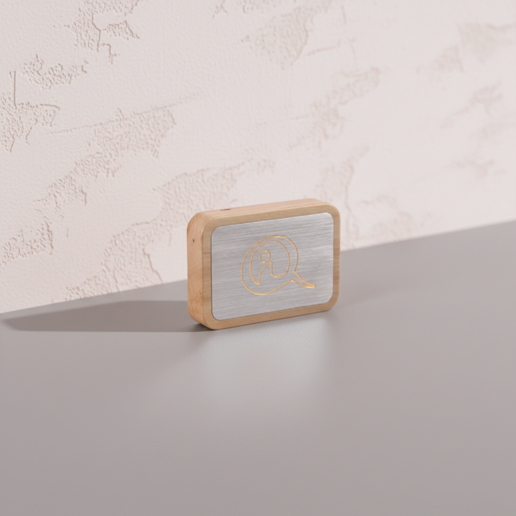 A Qi-Me EMF protection device with a brushed metal face and wood frame displayed on a clean neutral surface against a softly textured wall with gentle natural lighting. — for Carpe Diem Dream