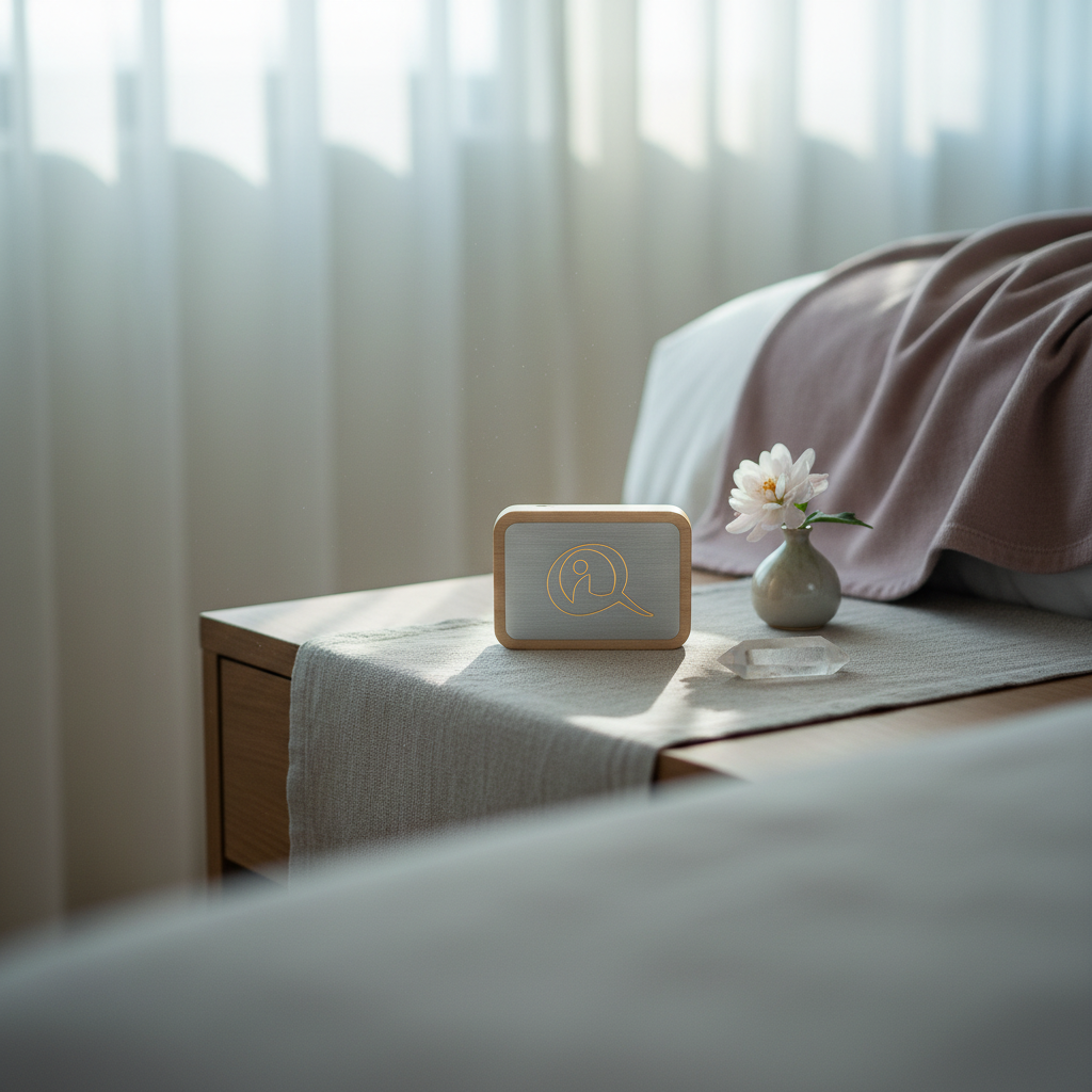 A Qi-Me EMF protection device with a brushed metal face and wood frame placed on a bedside table with soft linens, a small vase, and natural light filtering through curtains. — for Carpe Diem Dream