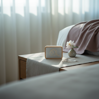 A Qi-Me EMF protection device with a brushed metal face and wood frame placed on a bedside table with soft linens, a small vase, and natural light filtering through curtains. — for Carpe Diem Dream