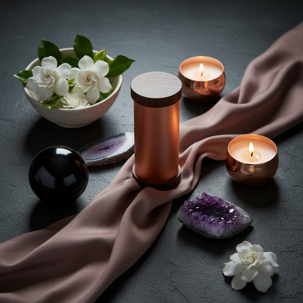 A copper Qi-Shield EMF protection device styled in a spa-inspired scene with candles, crystals, flowers, and draped fabric on a dark textured surface. — for Carpe Diem Dream