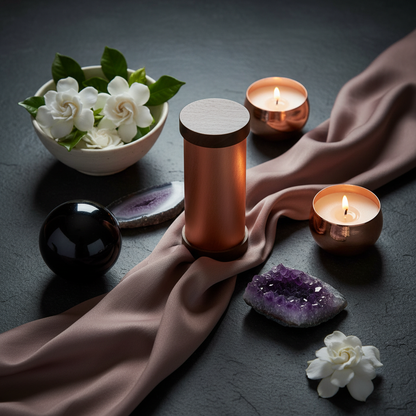 A copper Qi-Shield EMF protection device styled in a spa-inspired scene with candles, crystals, flowers, and draped fabric on a dark textured surface. — for Carpe Diem Dream