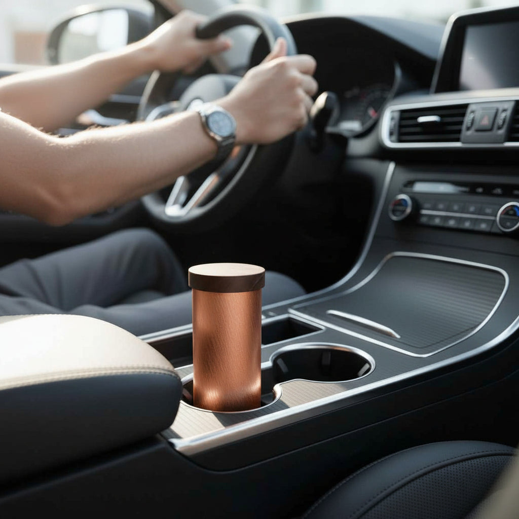 A copper Qi-Shield EMF protection device placed in a car center console cup holder, demonstrating portable use while driving. — for Carpe Diem Dream