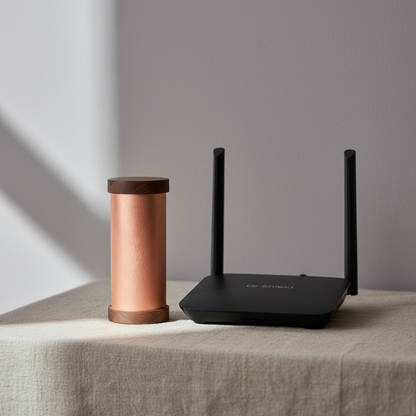 A copper Qi-Shield EMF protection device with dark wood ends placed beside a wireless router on a neutral surface in soft natural light. — for Carpe Diem Dream