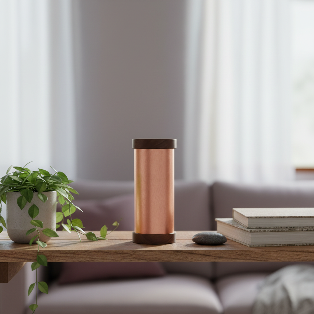 A copper Qi-Shield EMF protection device with dark wood ends placed on a wooden shelf beside books, a plant, and a smooth stone in a calm modern living space. — for Carpe Diem Dream