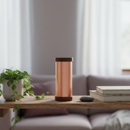 A copper Qi-Shield EMF protection device with dark wood ends placed on a wooden shelf beside books, a plant, and a smooth stone in a calm modern living space. — for Carpe Diem Dream