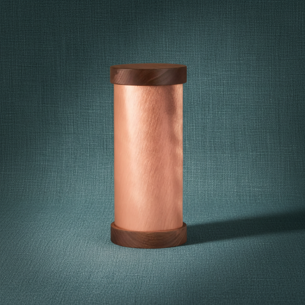A copper Qi-Shield EMF protection device with dark wood ends displayed upright on a muted teal linen surface with soft diffused lighting. — for Carpe Diem Dream