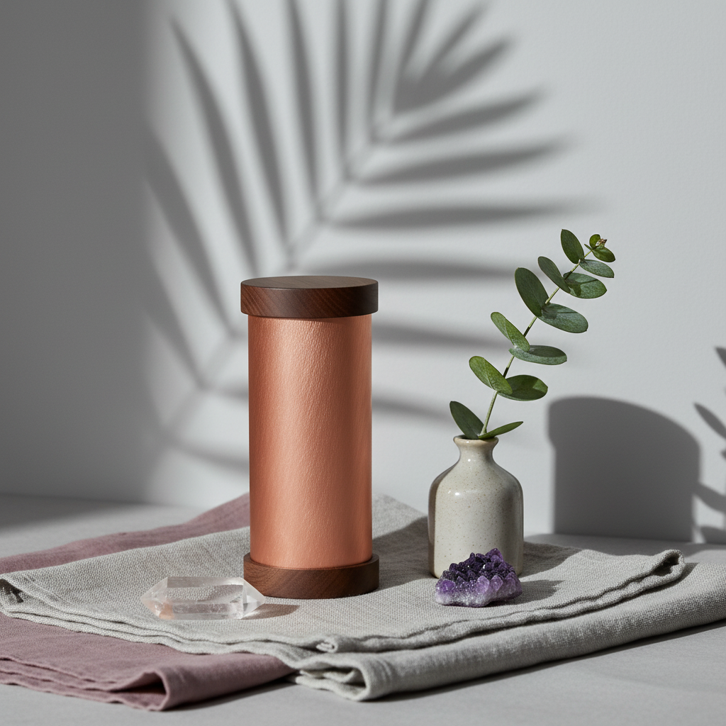 A copper Qi-Shield EMF protection device with dark wood ends styled on layered linen with a small vase, greenery, and crystals casting soft botanical shadows. — for Carpe Diem Dream