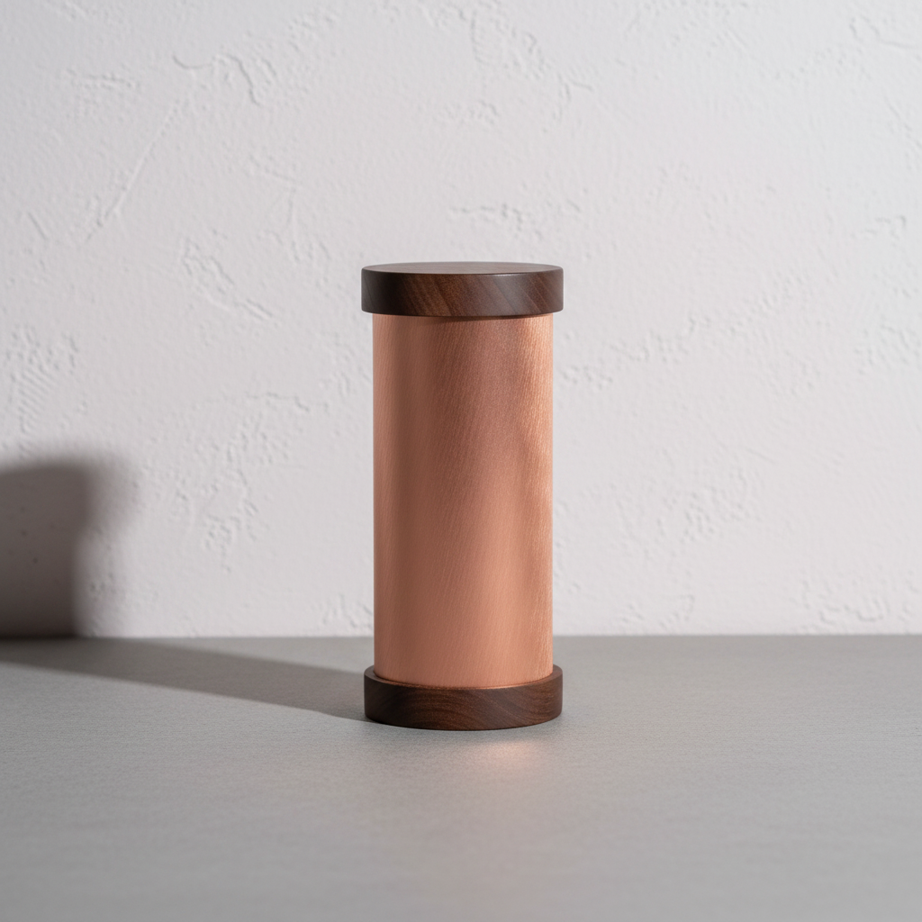 A copper Qi-Shield EMF protection device with dark wood ends displayed on a clean neutral surface against a softly textured wall with gentle natural lighting. — for Carpe Diem Dream