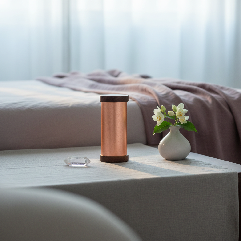 A copper Qi-Shield EMF protection device with dark wood ends placed on a bedside table with a small vase and crystal in soft natural light. — for Carpe Diem Dream