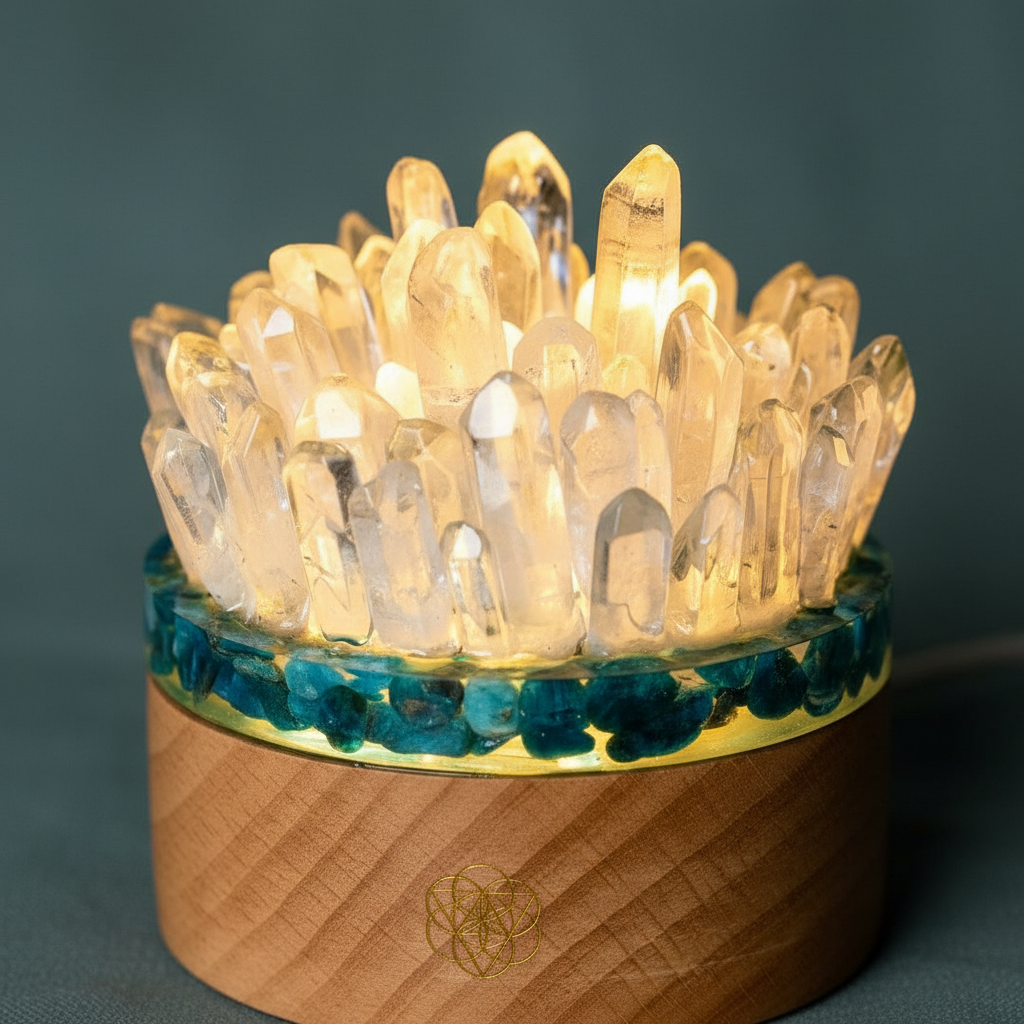 A close-up view of illuminated quartz crystal points rising from an apatite-accented rim on a natural wood lamp base against a deep teal backdrop. — for Carpe Diem Dream