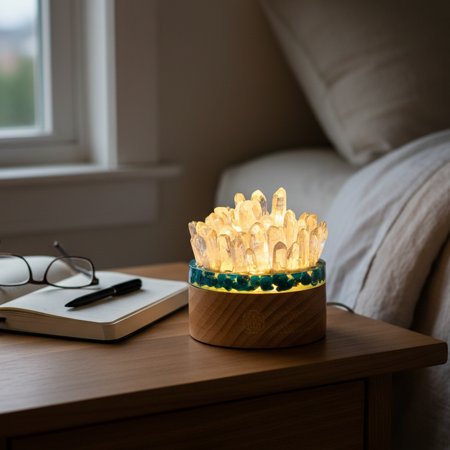 A glowing quartz and apatite crystal lamp resting on a bedside table beside a notebook and glasses, casting a warm and calming light in a serene bedroom setting. — for Carpe Diem Dream