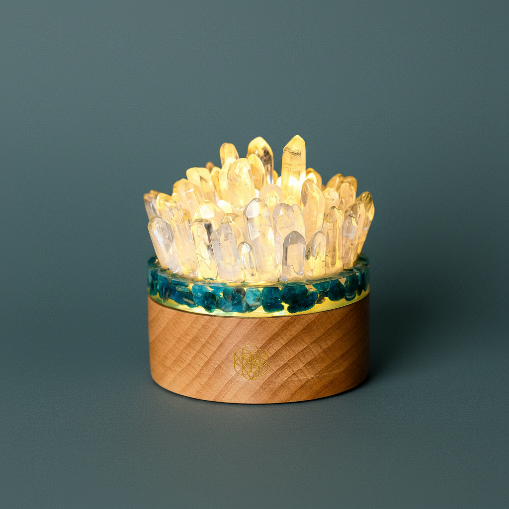 A quartz and apatite crystal lamp with illuminated crystal points set in a natural wood base against a deep teal background. — for Carpe Diem Dream