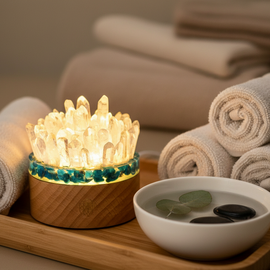 A glowing quartz and apatite crystal lamp displayed on a wooden tray with rolled spa towels and smooth stones, creating a tranquil spa retreat ambiance. — for Carpe Diem Dream