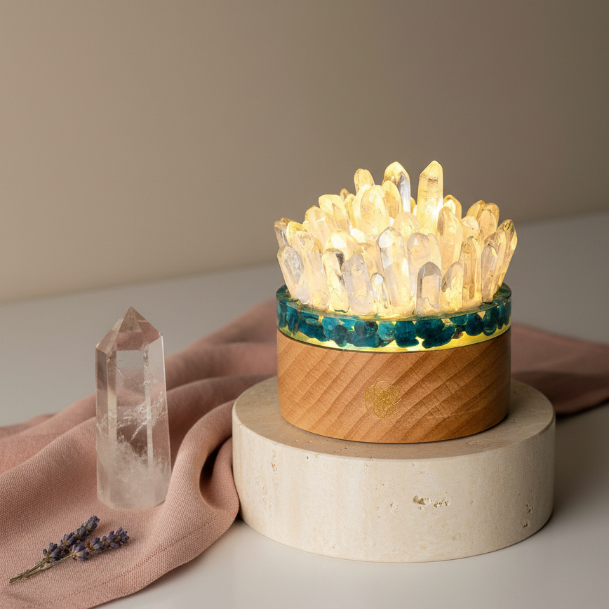A glowing quartz and apatite crystal lamp displayed on a stone pedestal with a clear quartz point and soft fabric accents in a calm studio setting. — for Carpe Diem Dream