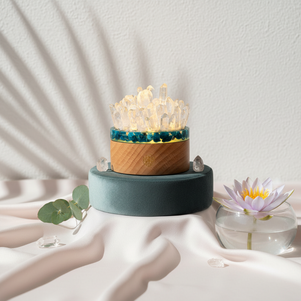 A quartz and apatite crystal lamp glowing atop a velvet pedestal with a lotus candle and botanicals arranged on softly draped silk fabric. — for Carpe Diem Dream