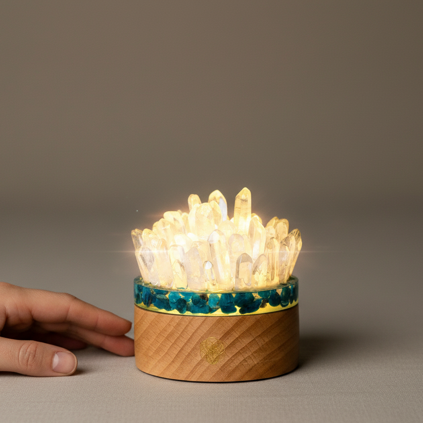A hand beside a glowing quartz and apatite crystal lamp on a neutral surface to show scale and detail of the illuminated crystal points and wooden base. — for Carpe Diem Dream