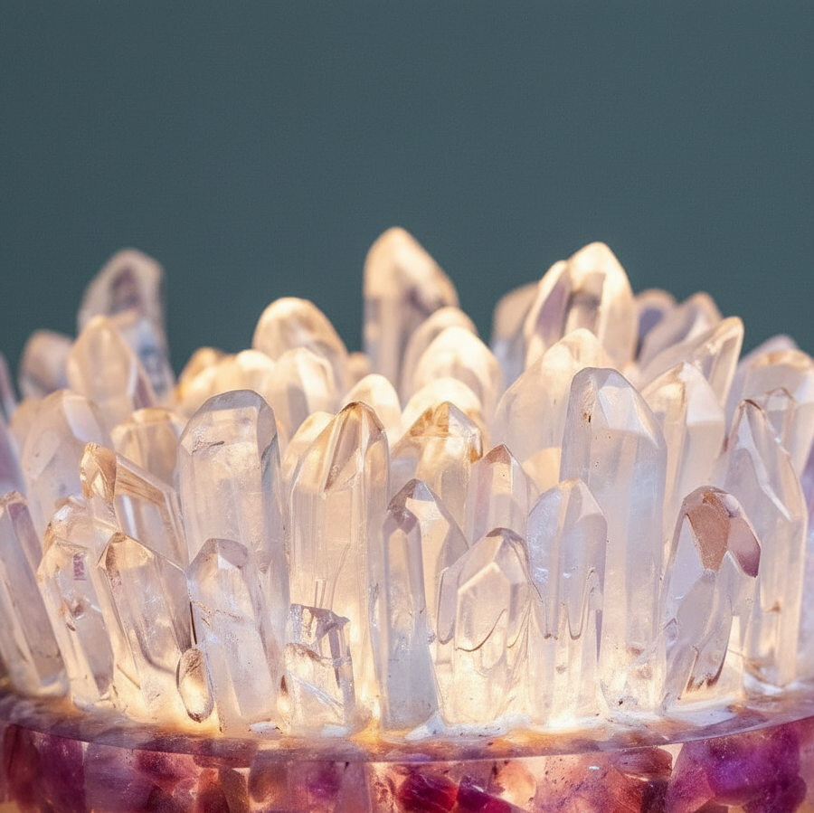 A close-up view of clear quartz crystal points glowing with warm light above a band of pink tourmaline, set against a muted teal backdrop. — for Carpe Diem Dream