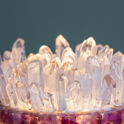 A close-up view of clear quartz crystal points glowing with warm light above a band of pink tourmaline, set against a muted teal backdrop. — for Carpe Diem Dream
