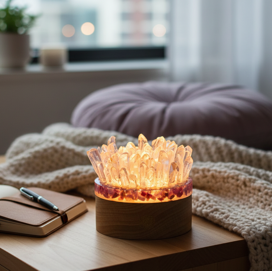 A warm glowing quartz and pink tourmaline lamp resting on a wooden bedside table beside a knit blanket and stacked journals in a softly lit bedroom. — for Carpe Diem Dream