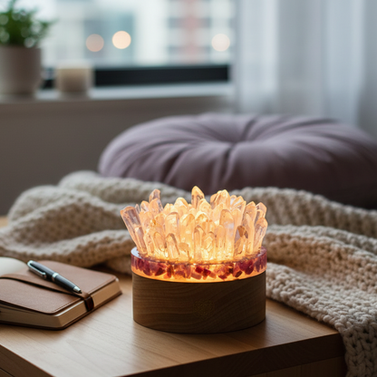 A warm glowing quartz and pink tourmaline lamp resting on a wooden bedside table beside a knit blanket and stacked journals in a softly lit bedroom. — for Carpe Diem Dream