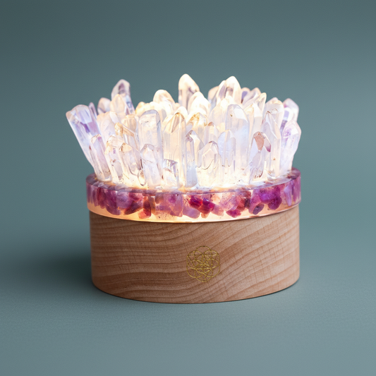 A glowing cluster of clear quartz points rising from a pink tourmaline base on a muted teal surface in soft natural light. — for Carpe Diem Dream