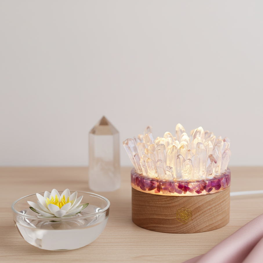 A glowing quartz and pink tourmaline lamp resting beside a floating lotus bowl and a clear quartz tower on a light wooden surface in soft natural light. — for Carpe Diem Dream