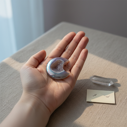 A hand holding a rainbow agate druzy moon crystal above a linen surface with a clear quartz point, showing scale and real-life use. — for Carpe Diem Dream