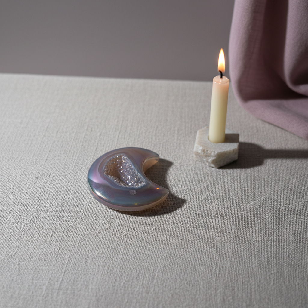 A rainbow agate druzy moon crystal displayed on a linen surface beside a lit candle and soft draped fabric, creating a calm ritual setting. — for Carpe Diem Dream