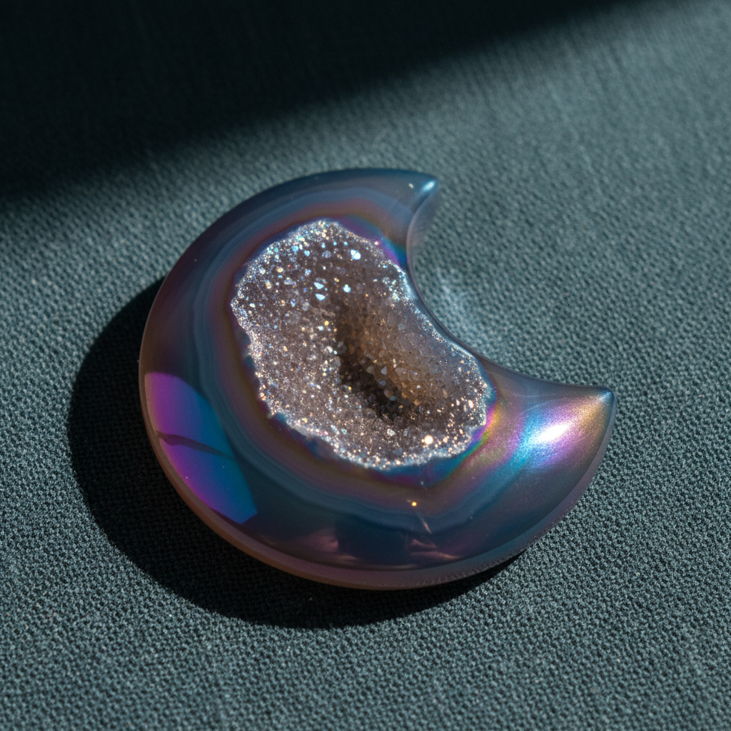 A rainbow agate druzy moon crystal with a sparkling druzy center displayed on a muted teal linen surface with soft directional lighting. — for Carpe Diem Dream