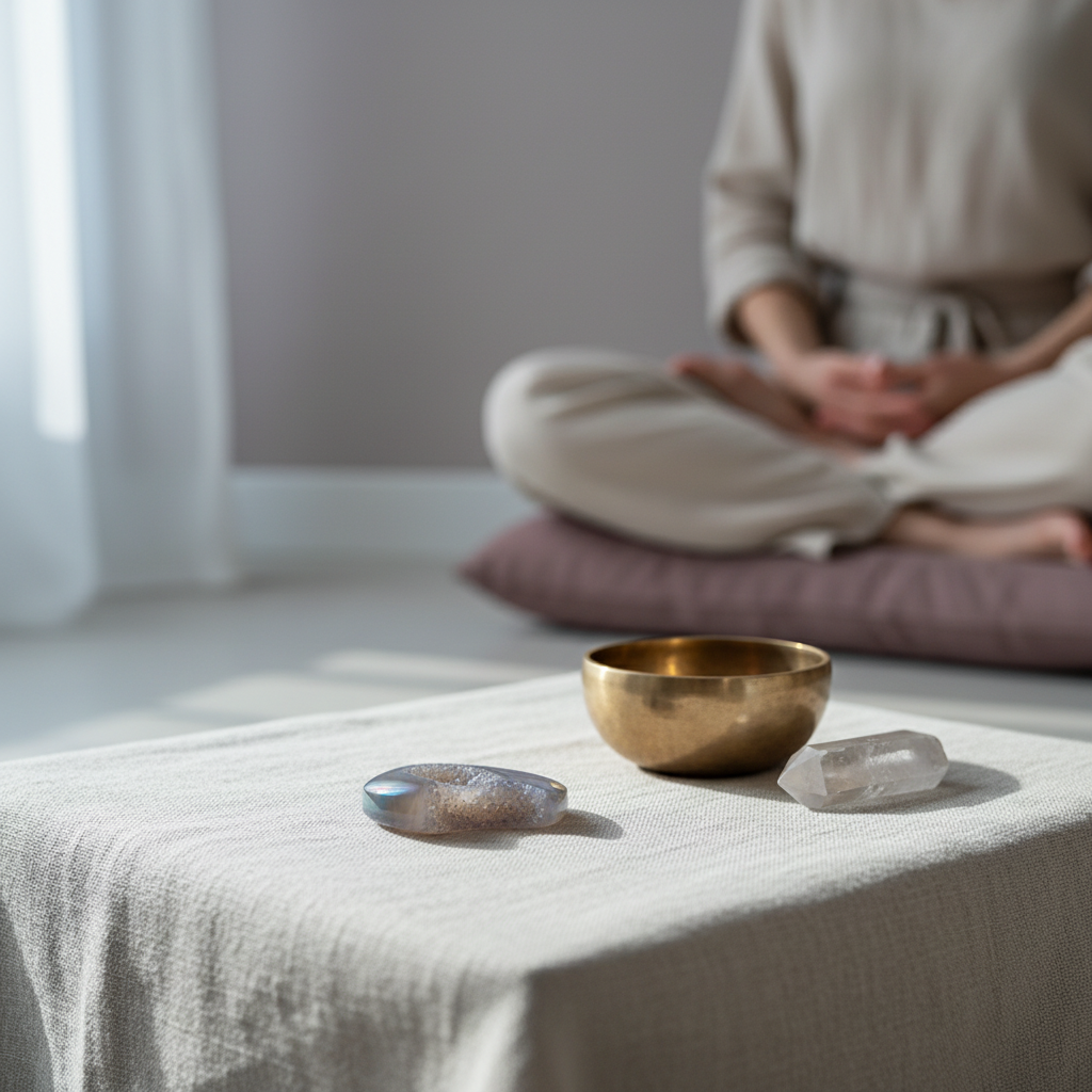 A rainbow agate druzy moon crystal placed on a linen-covered table beside a singing bowl and clear quartz, with a person meditating softly in the background. — for Carpe Diem Dream