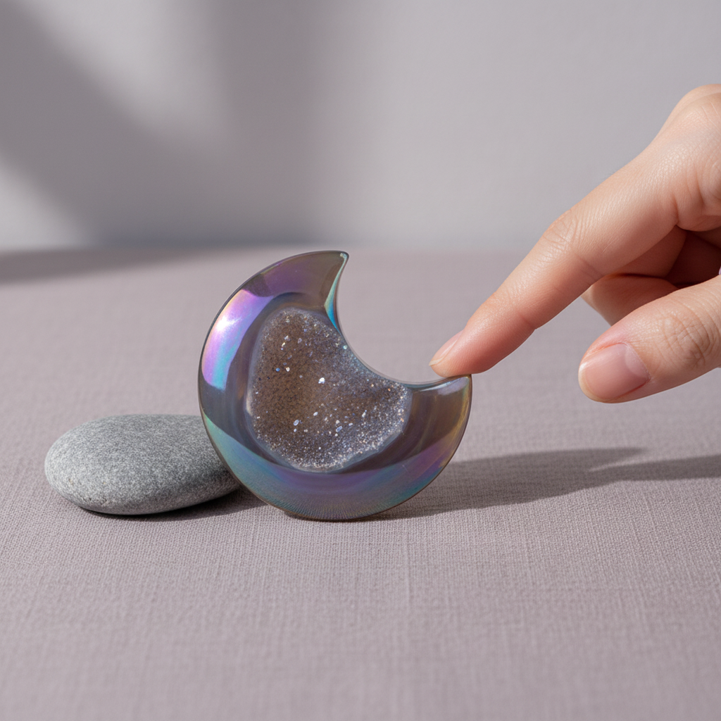 A hand gently touching a rainbow agate druzy moon crystal on a neutral surface, showing its size and sparkling druzy center. — for Carpe Diem Dream