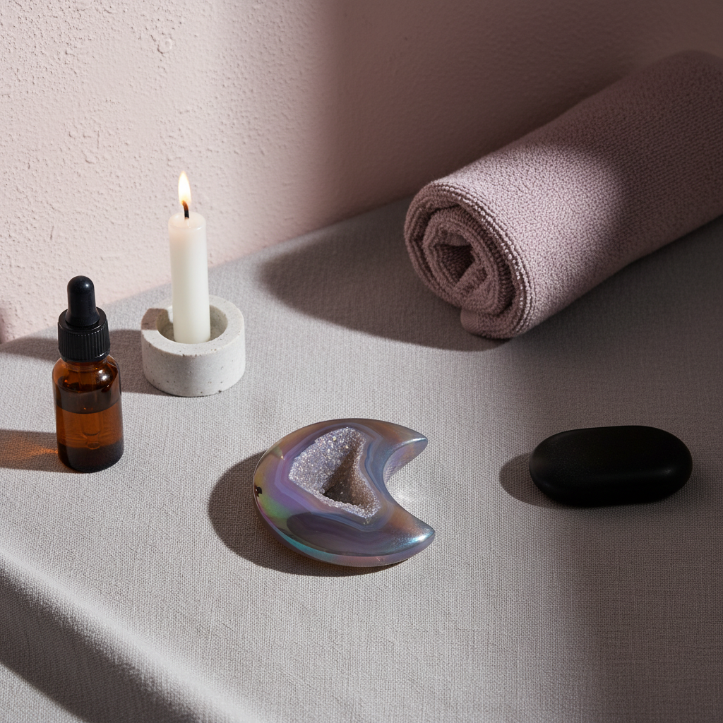 A rainbow agate druzy moon crystal displayed on a linen surface with a candle, essential oil bottle, and rolled towel, creating a calming spa-inspired setting. — for Carpe Diem Dream