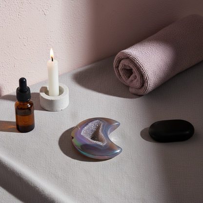 A rainbow agate druzy moon crystal displayed on a linen surface with a candle, essential oil bottle, and rolled towel, creating a calming spa-inspired setting. — for Carpe Diem Dream
